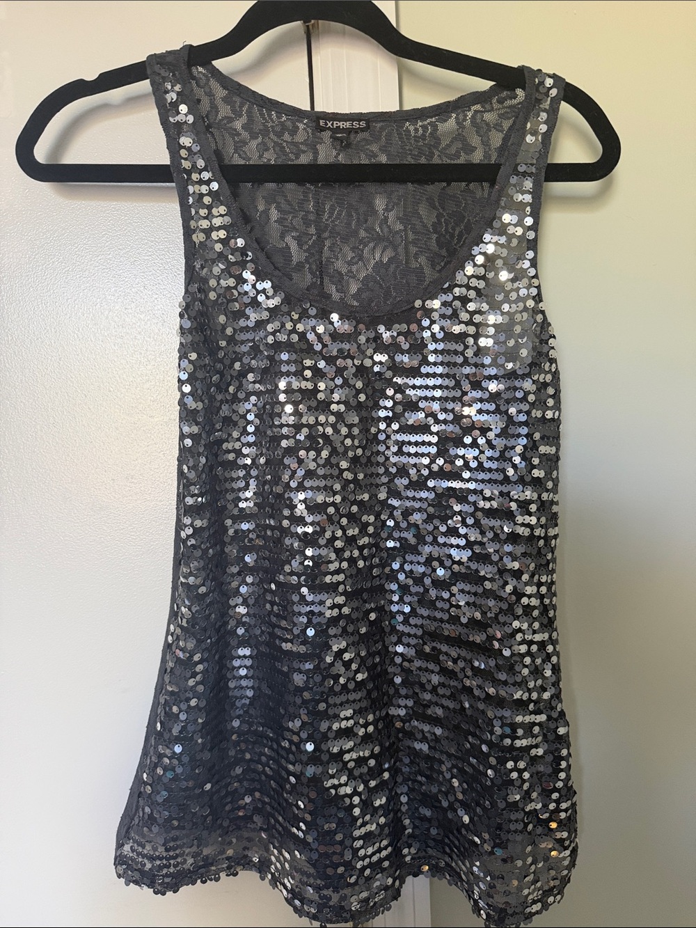 Express Silver Sequin Lace-Back Tank